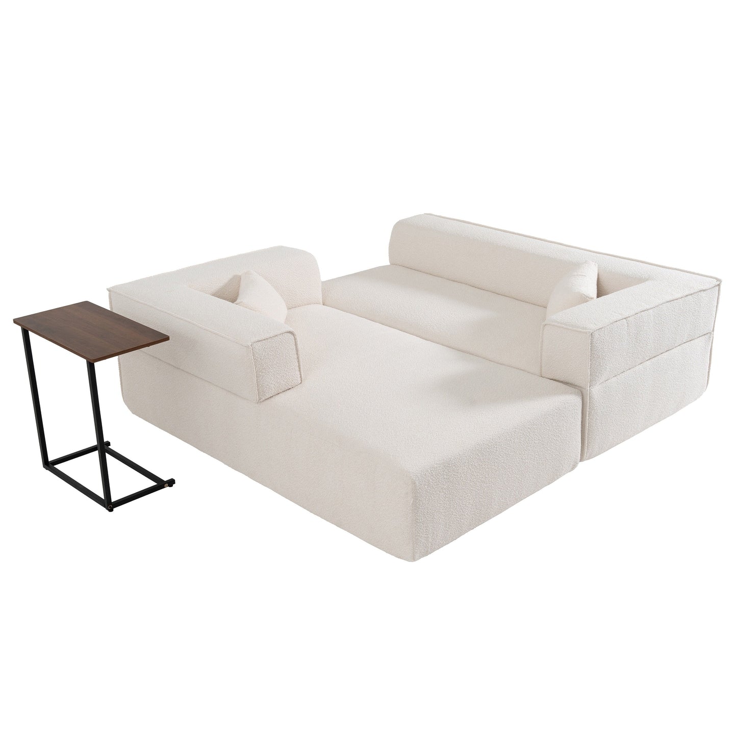 Canapé sectionnel modulaire avec table d'appoint gratuite, assise large, entièrement compressé, tissu bouclé infroissable avec méridienne
