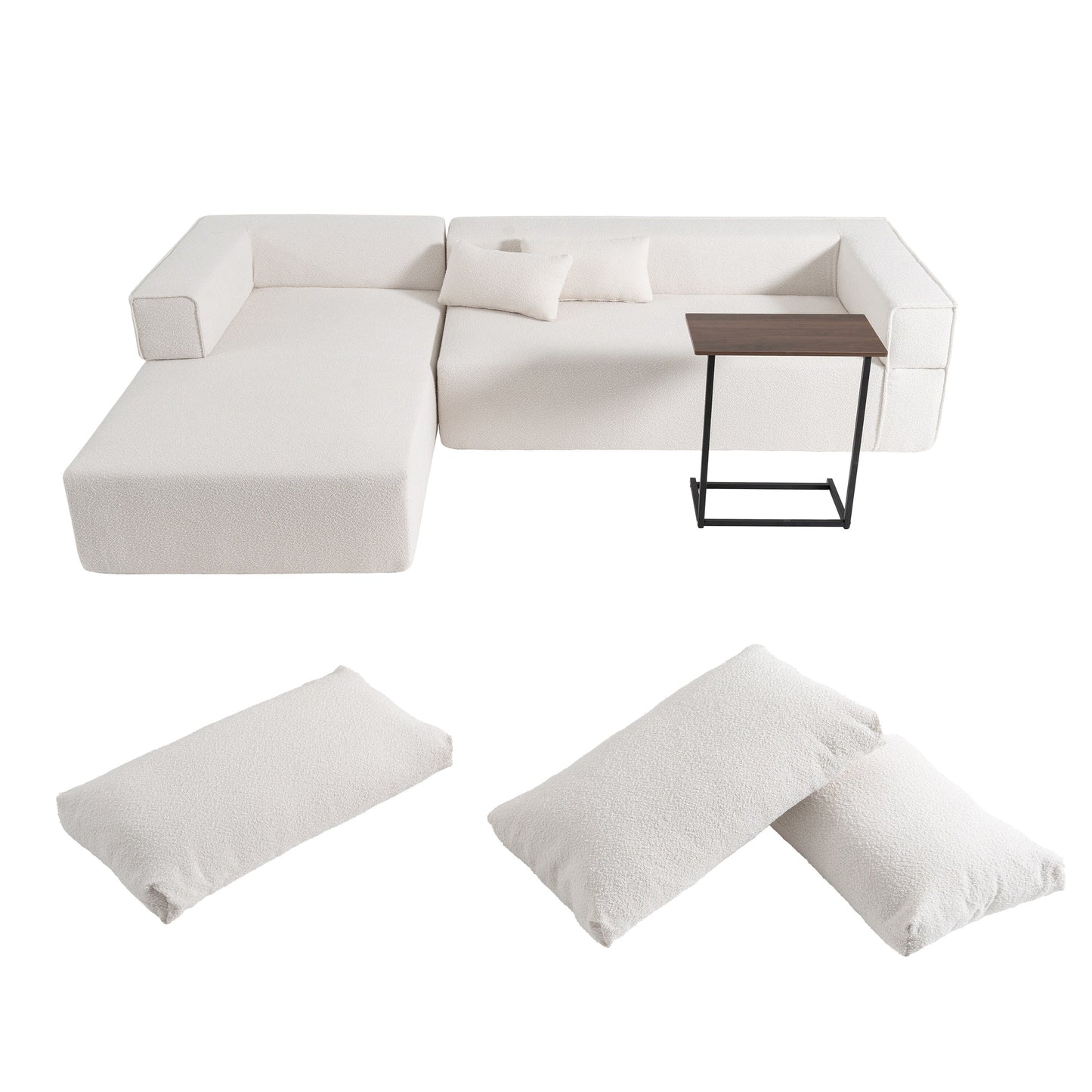 Canapé sectionnel modulaire avec table d'appoint gratuite, assise large, entièrement compressé, tissu bouclé infroissable avec méridienne