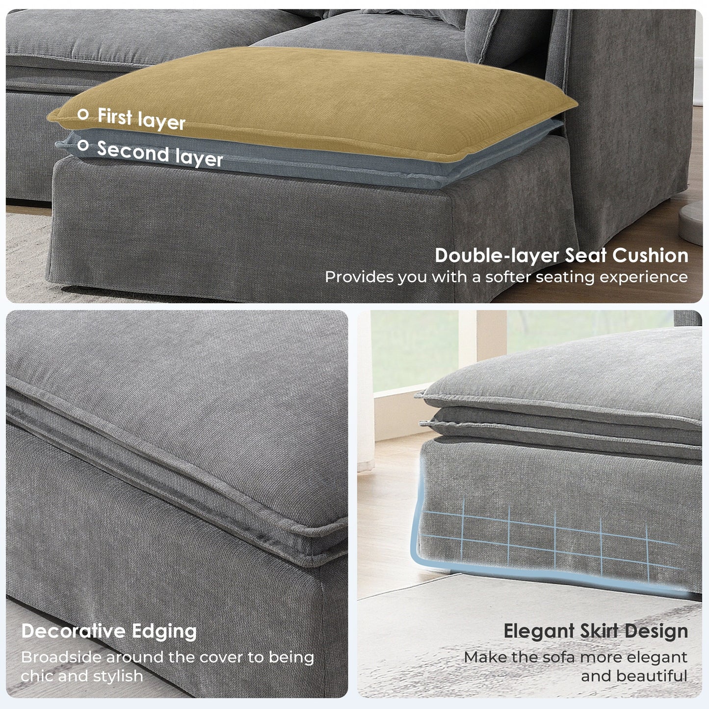 Canapé sectionnel modulaire avec pouf amovible, meuble d'intérieur rembourré en L, assise large, combinaison libre, canapé en chenille