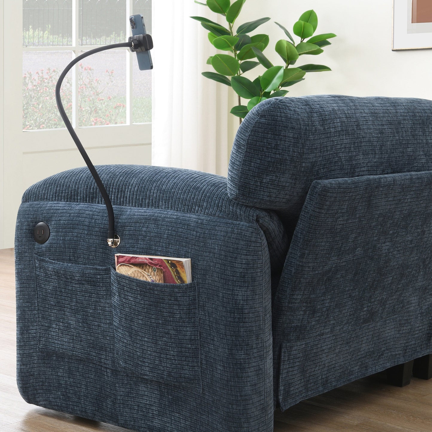 Canapé modulable en L avec coussin d'assise extra-large, chargeur USB et Type-C, support pour téléphone et 2 poches de rangement latérales.