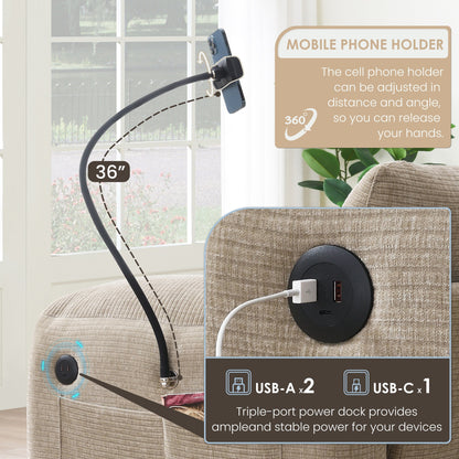 Canapé modulable en L avec coussin d'assise extra-large, chargeur USB et Type-C, support pour téléphone et 2 poches de rangement latérales.