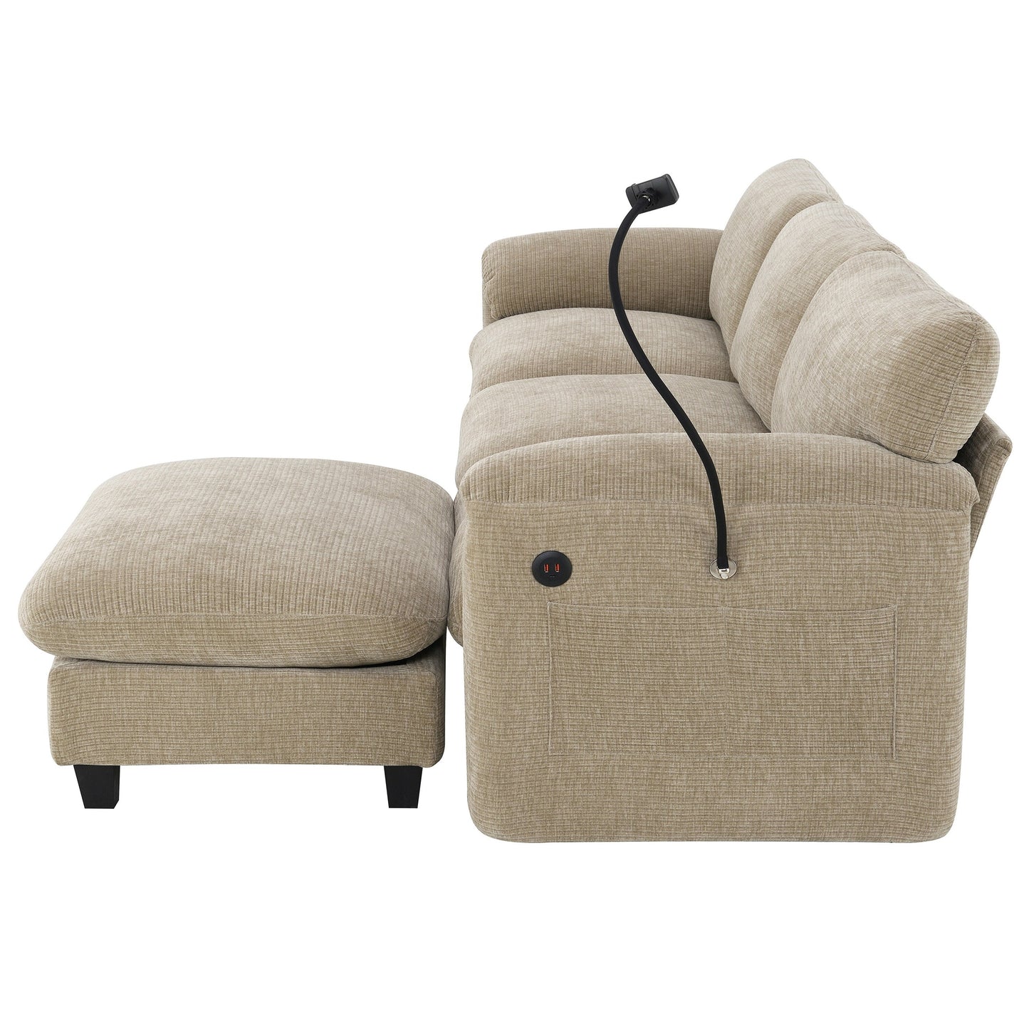 Canapé modulable en L avec coussin d'assise extra-large, chargeur USB et Type-C, support pour téléphone et 2 poches de rangement latérales.