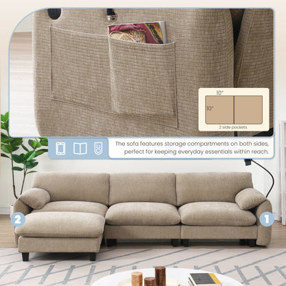 Canapé modulable en L avec coussin d'assise extra-large, chargeur USB et Type-C, support pour téléphone et 2 poches de rangement latérales.