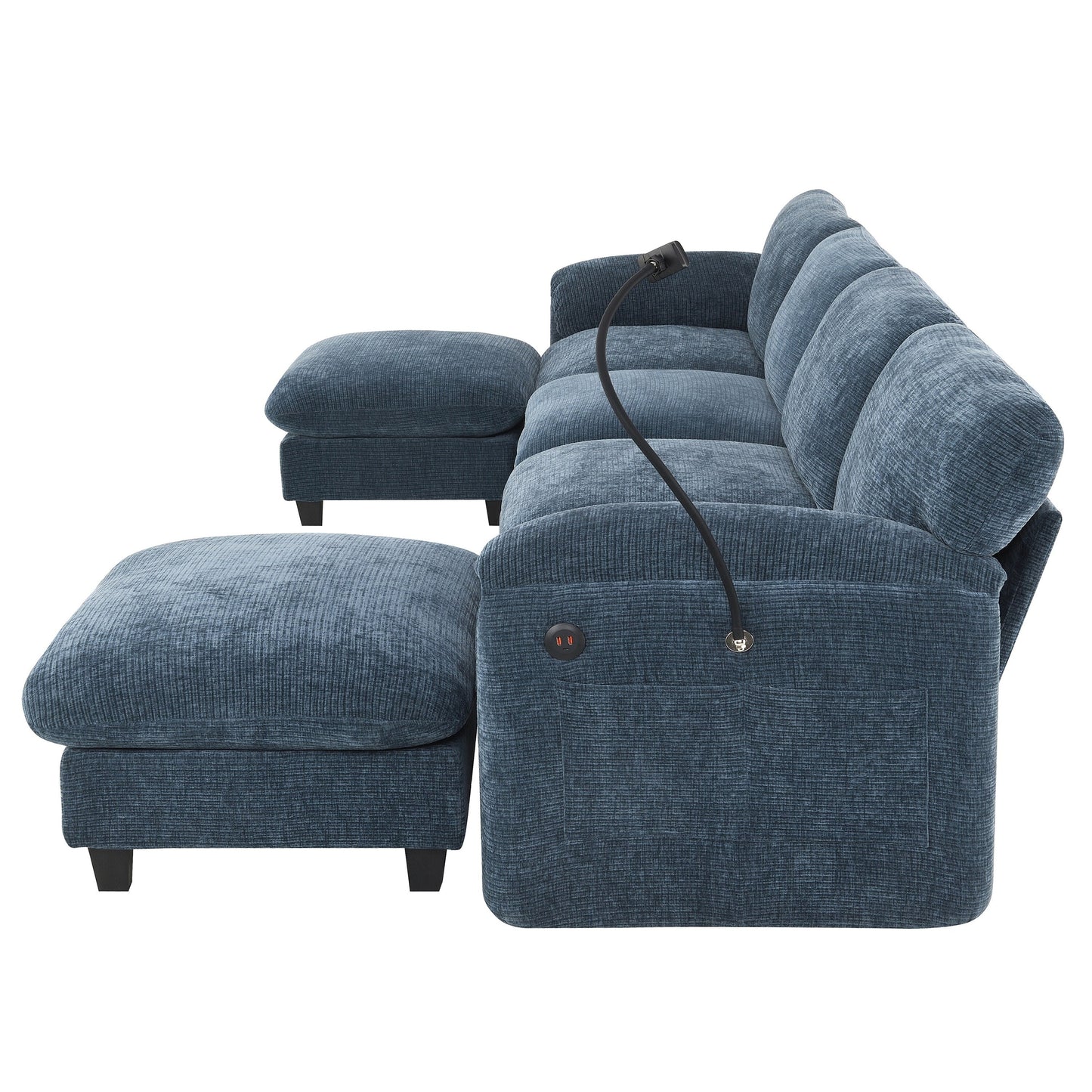 Canapé modulable en U avec coussin d'assise extra-large, chargeur USB et Type-C, support pour téléphone et 2 poches de rangement latérales.