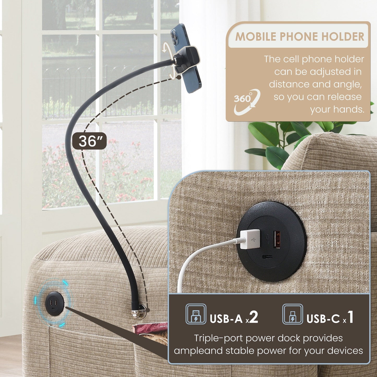 Canapé modulable en U avec coussin d'assise extra-large, chargeur USB et Type-C, support pour téléphone et 2 poches de rangement latérales.