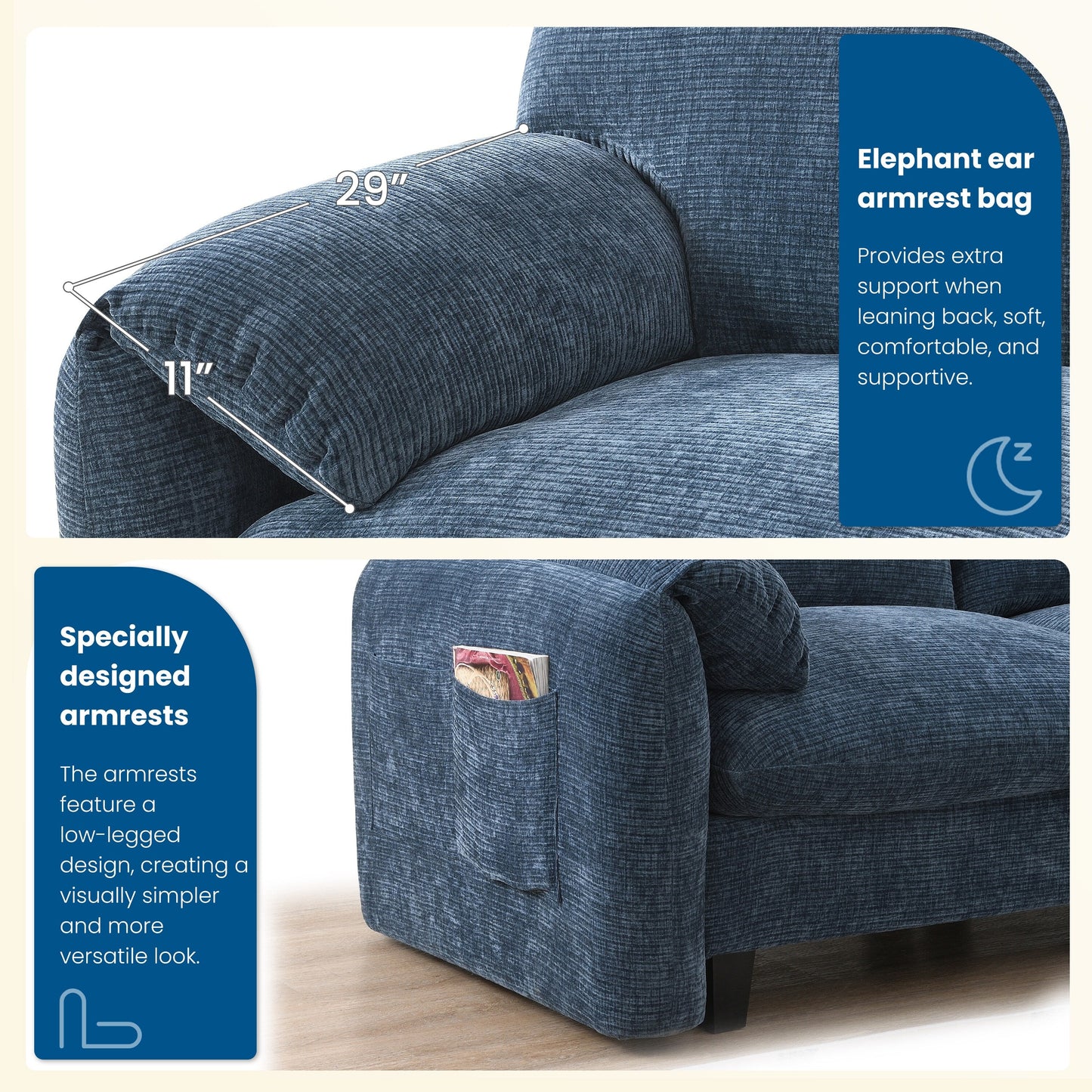 Canapé modulable en U avec coussin d'assise extra-large, chargeur USB et Type-C, support pour téléphone et 2 poches de rangement latérales.