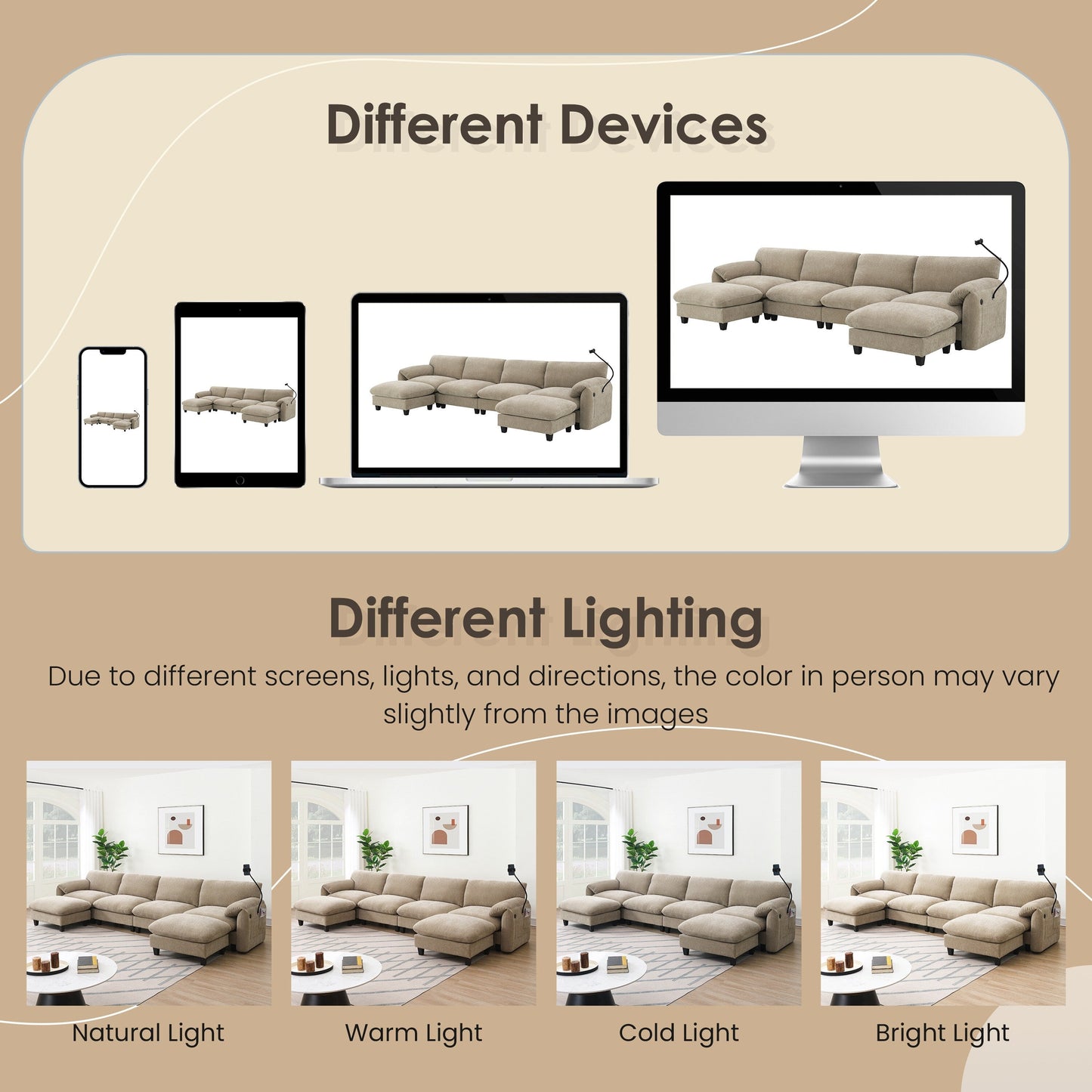 Canapé modulable en U avec coussin d'assise extra-large, chargeur USB et Type-C, support pour téléphone et 2 poches de rangement latérales.