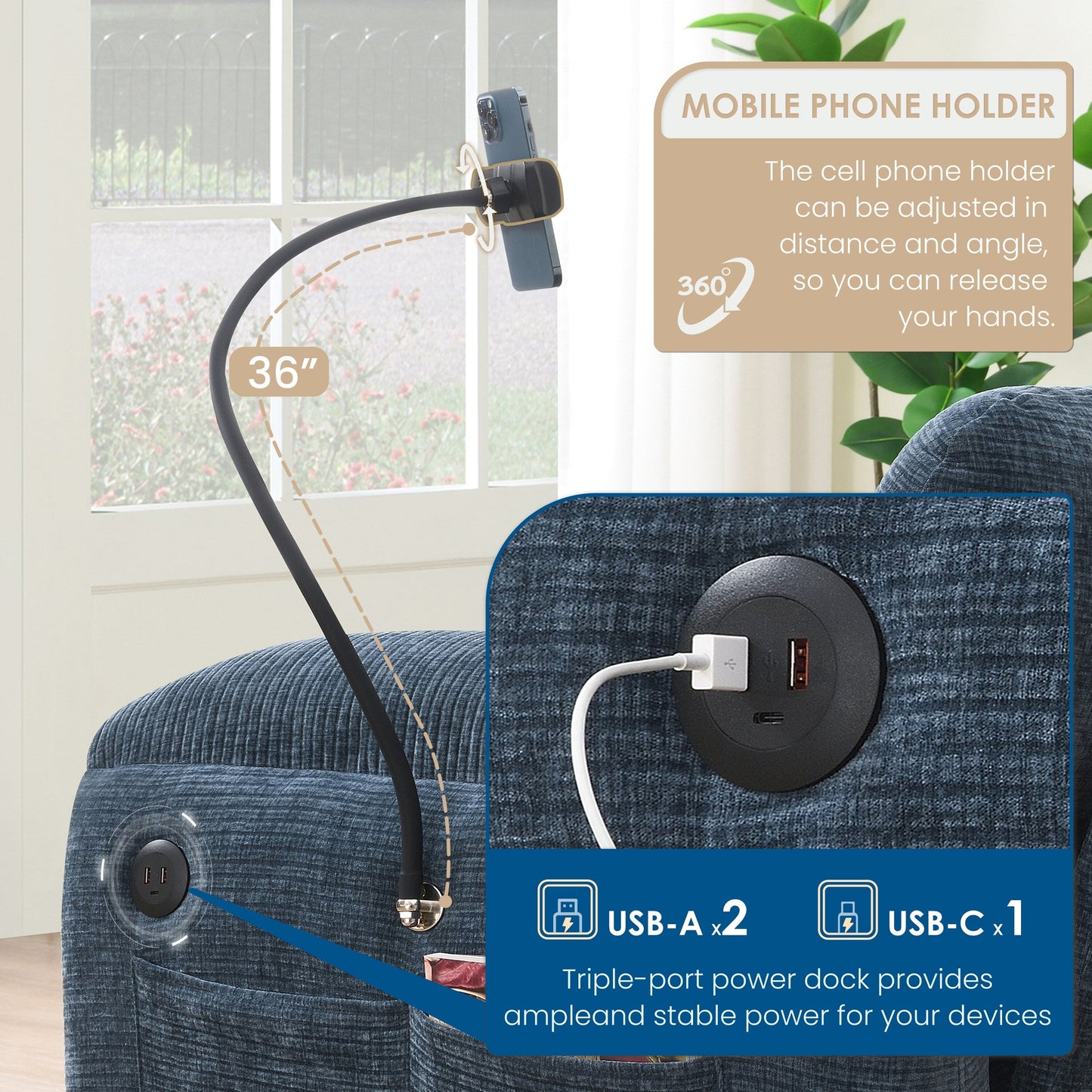 Canapé modulable en U avec coussin d'assise extra-large, chargeur USB et Type-C, support pour téléphone et 2 poches de rangement latérales.