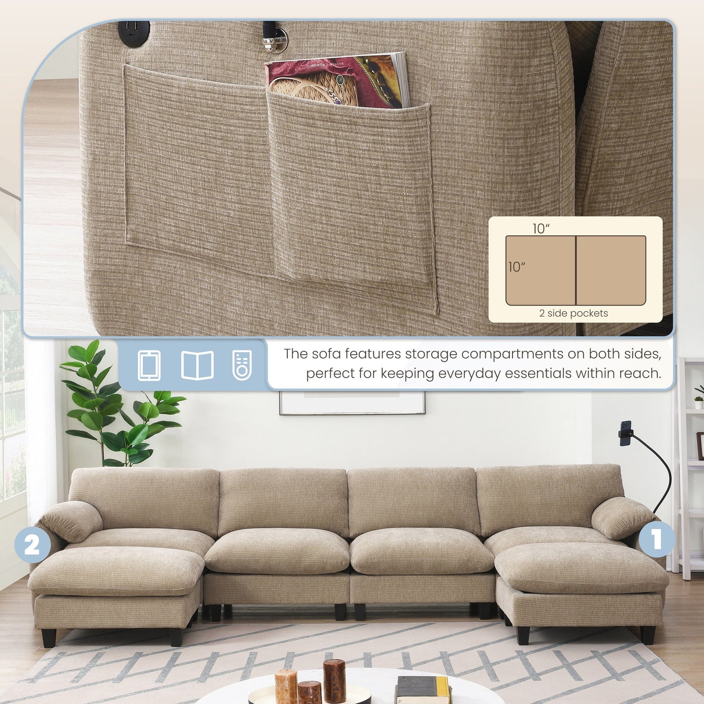 Canapé modulable en U avec coussin d'assise extra-large, chargeur USB et Type-C, support pour téléphone et 2 poches de rangement latérales.