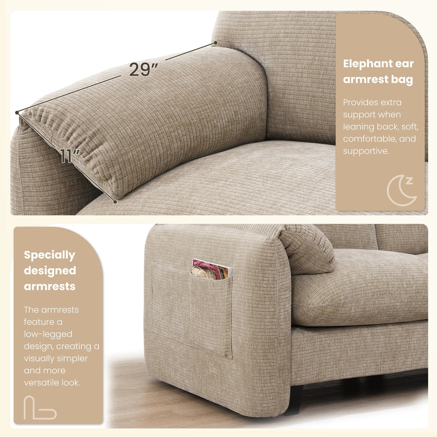 Canapé modulable en U avec coussin d'assise extra-large, chargeur USB et Type-C, support pour téléphone et 2 poches de rangement latérales.