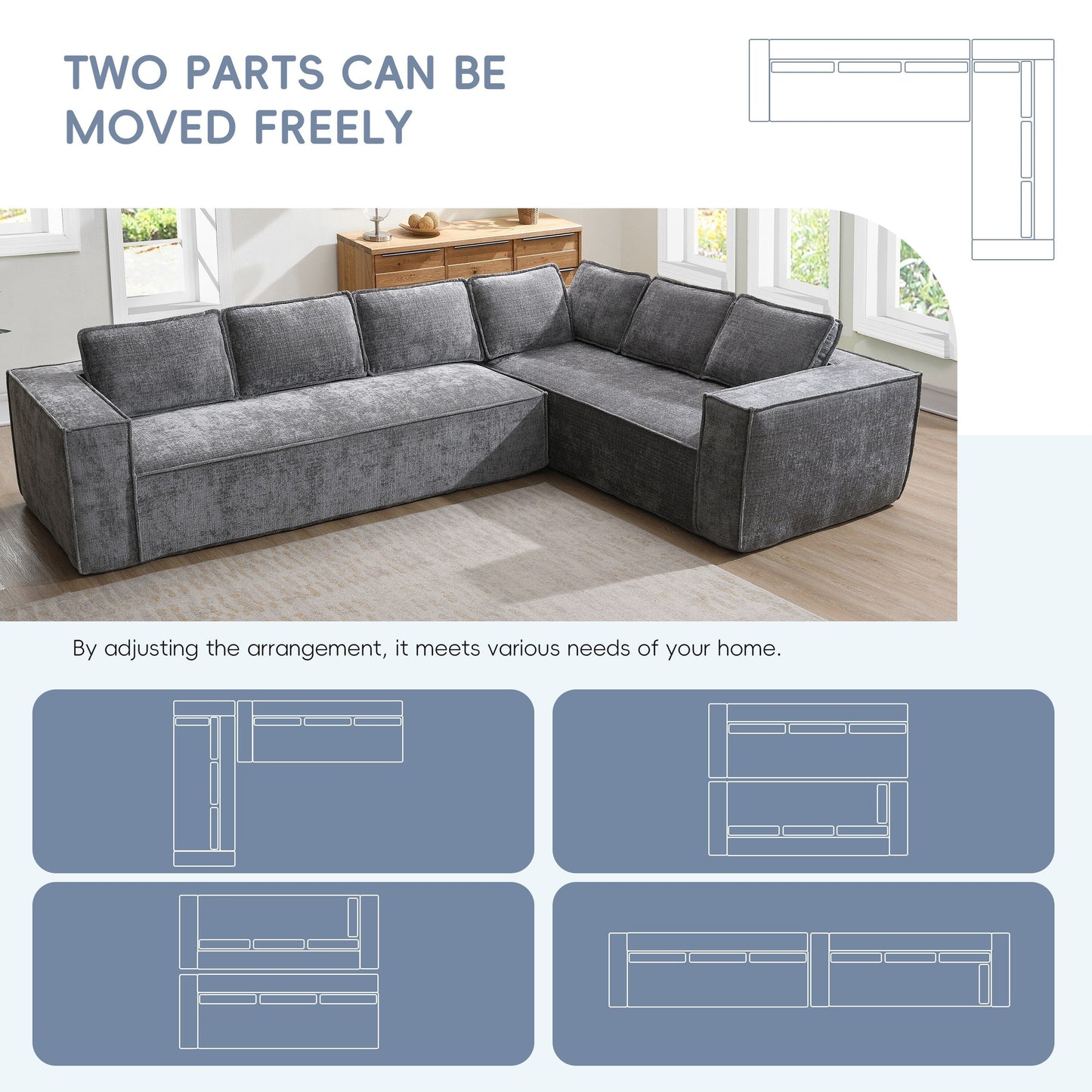 Canapé sectionnel modulaire, ensemble de canapés 6 places en chenille infroissable, combinaison gratuite 2 pièces, ensemble de canapés nuage en forme de L moderne