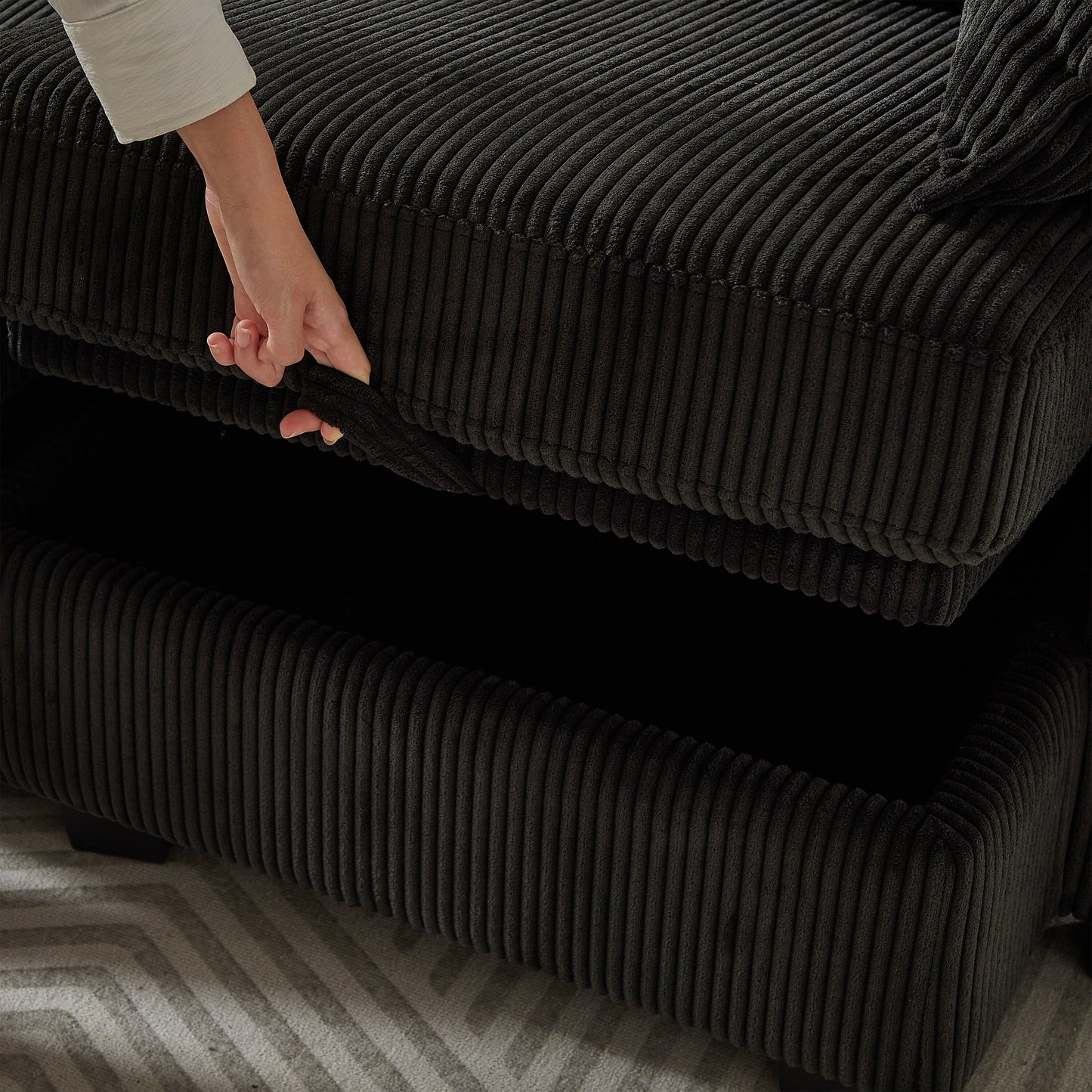 Canapé modulable en velours côtelé en forme de U, convertible 6 places avec pouf de rangement et méridienne pour le salon