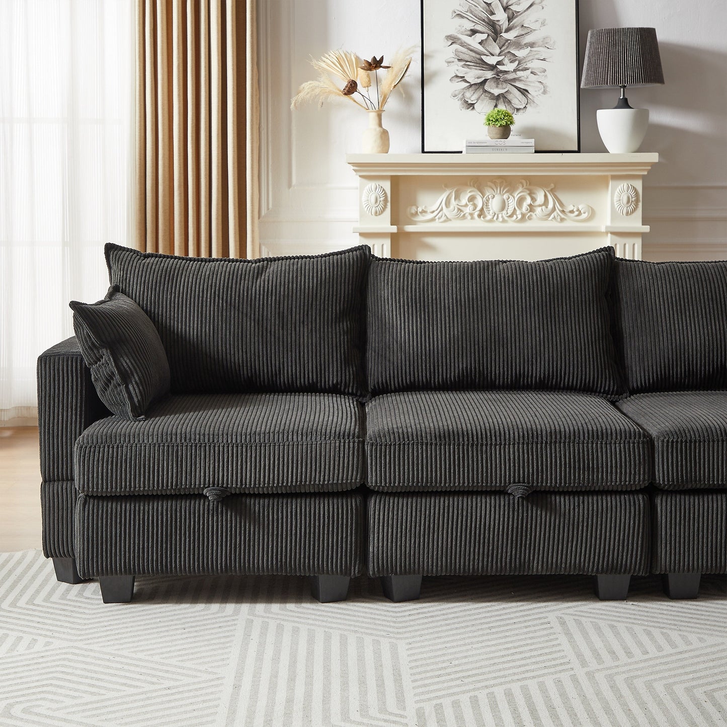 Canapé modulable en velours côtelé en forme de U, convertible 6 places avec pouf de rangement et méridienne pour le salon