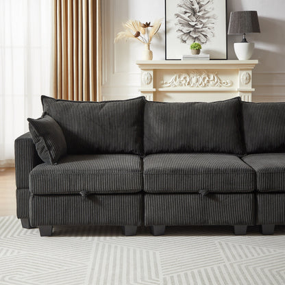 Canapé modulable en velours côtelé en forme de U, convertible 6 places avec pouf de rangement et méridienne pour le salon