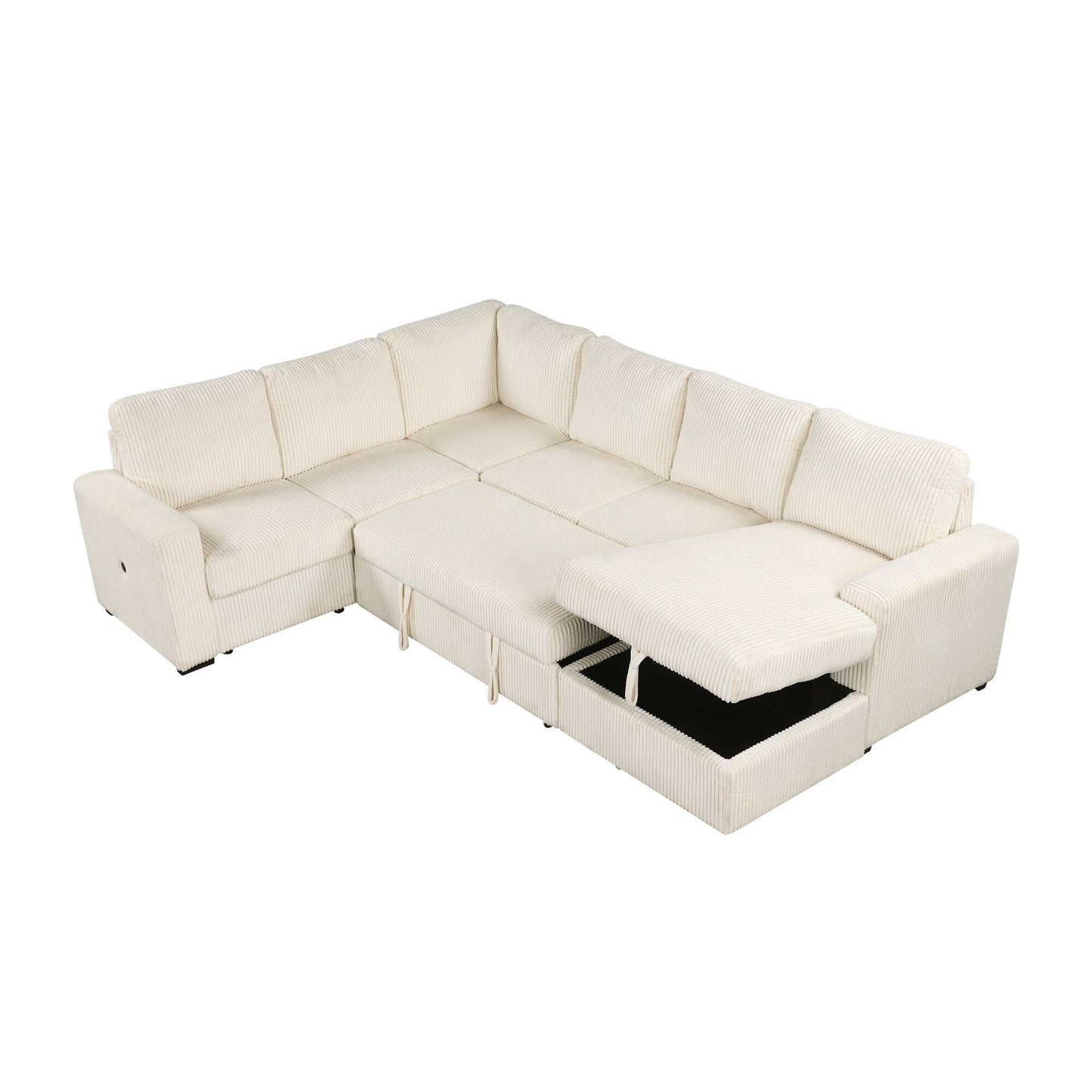 Canapé-lit modulaire en velours côtelé en forme de U, convertible 6 places, avec méridienne de rangement et ports USB pour le salon