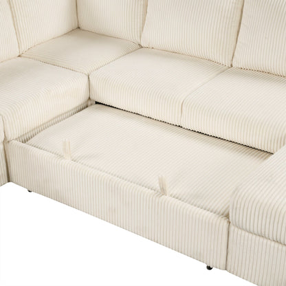 Canapé-lit modulaire en velours côtelé en forme de U, convertible 6 places, avec méridienne de rangement et ports USB pour le salon