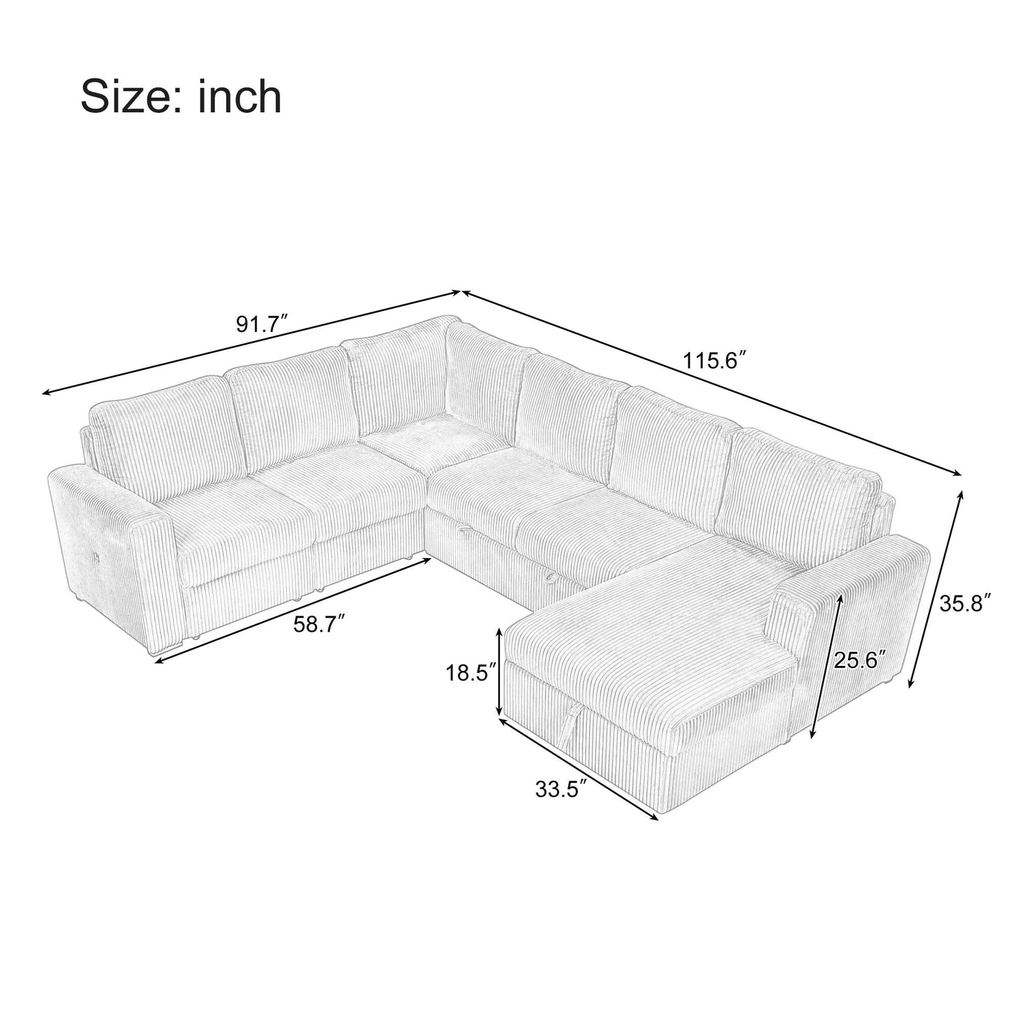 Canapé-lit modulaire en velours côtelé en forme de U, convertible 6 places, avec méridienne de rangement et ports USB pour le salon