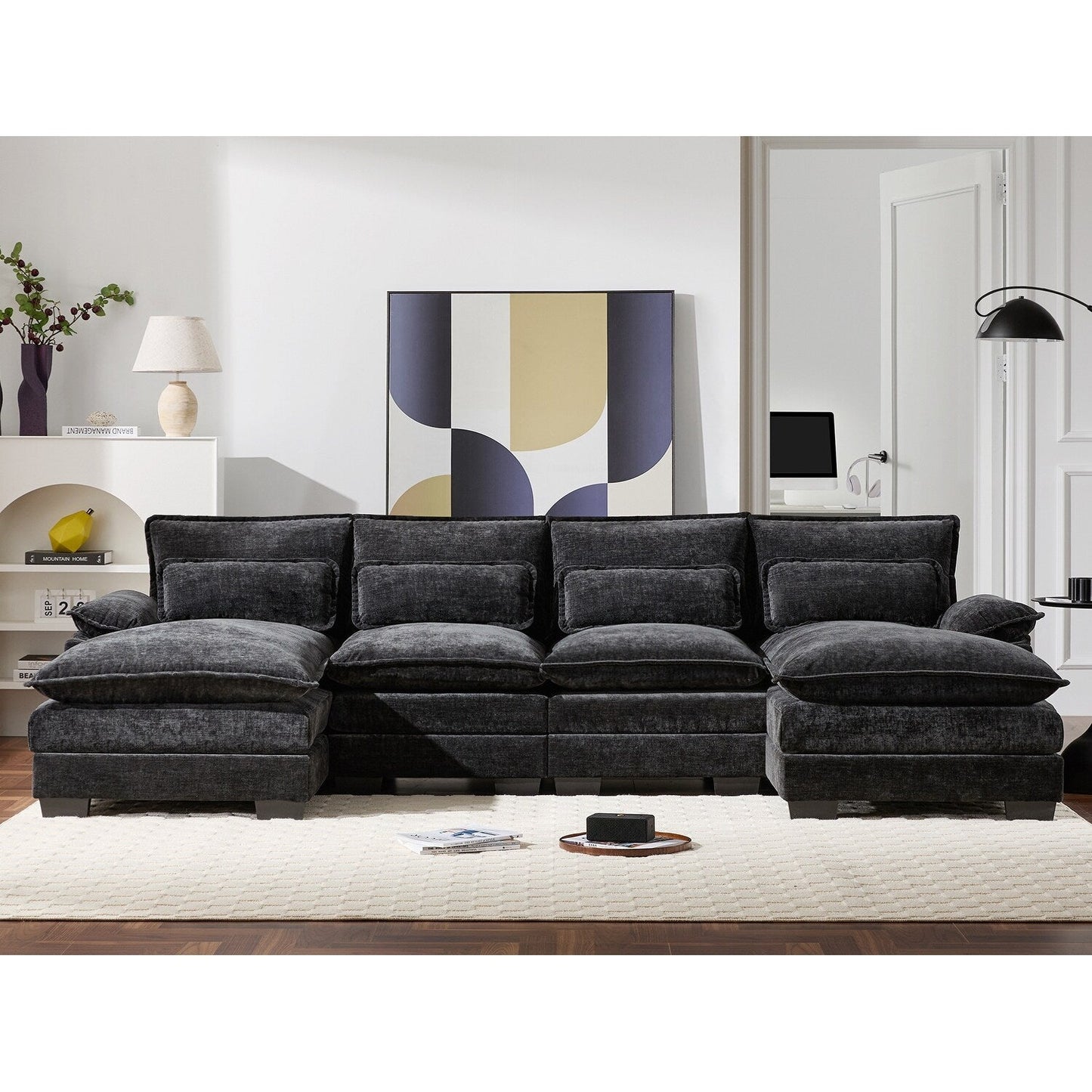 Canapé modulaire sectionnel en U avec coussins de taille, 6 places symétriques rembourrées, ensemble de canapés en chenille Cloud avec méridienne