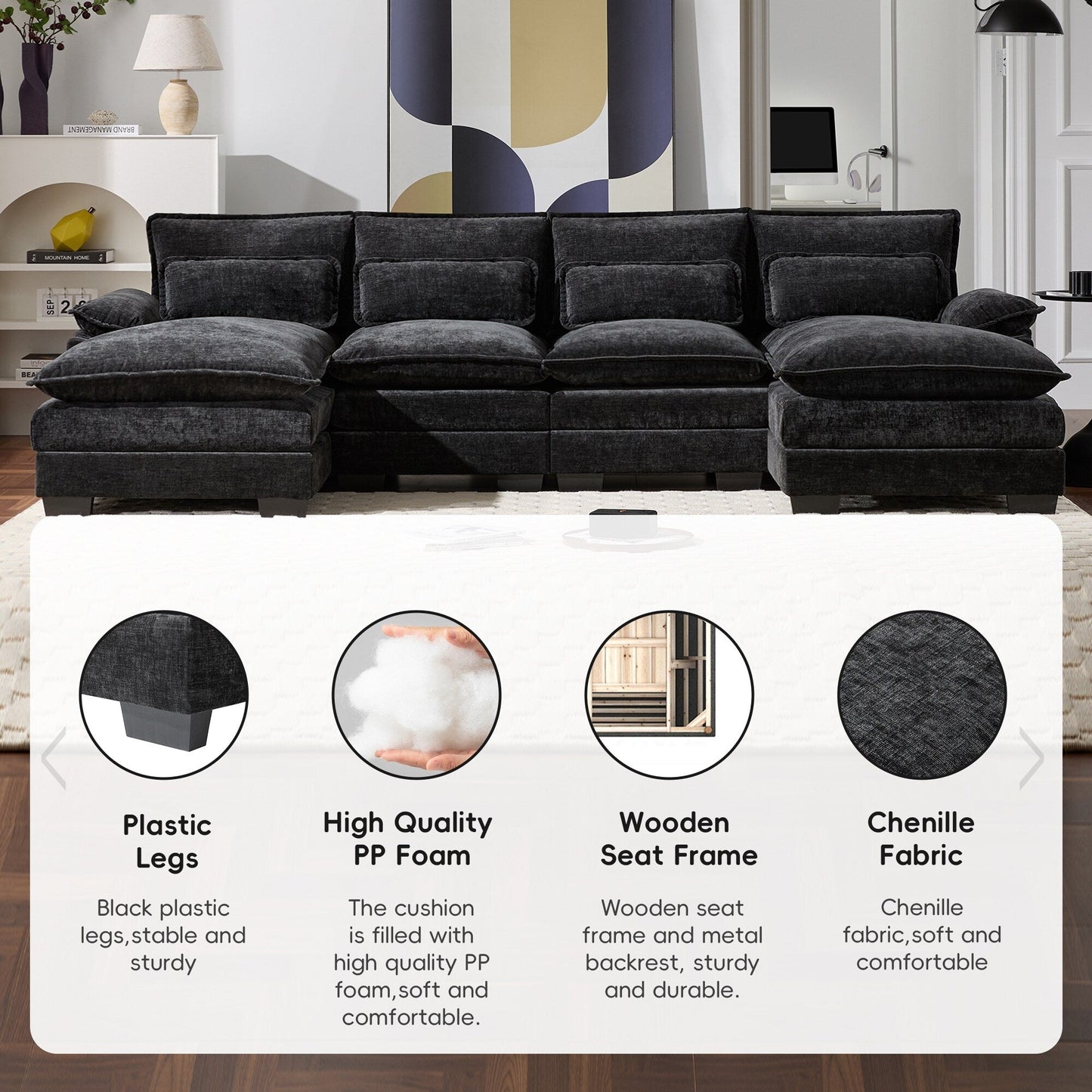 Canapé modulaire sectionnel en U avec coussins de taille, 6 places symétriques rembourrées, ensemble de canapés en chenille Cloud avec méridienne