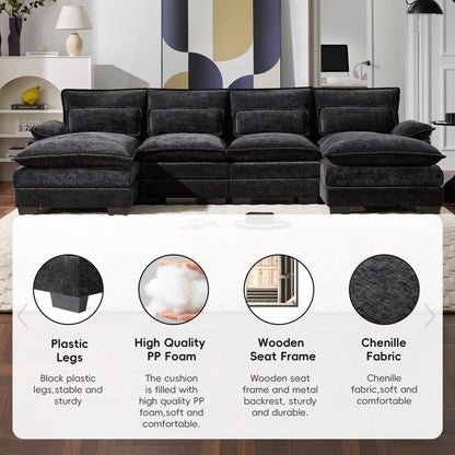 Canapé modulaire sectionnel en U avec coussins de taille, 6 places symétriques rembourrées, ensemble de canapés en chenille Cloud avec méridienne