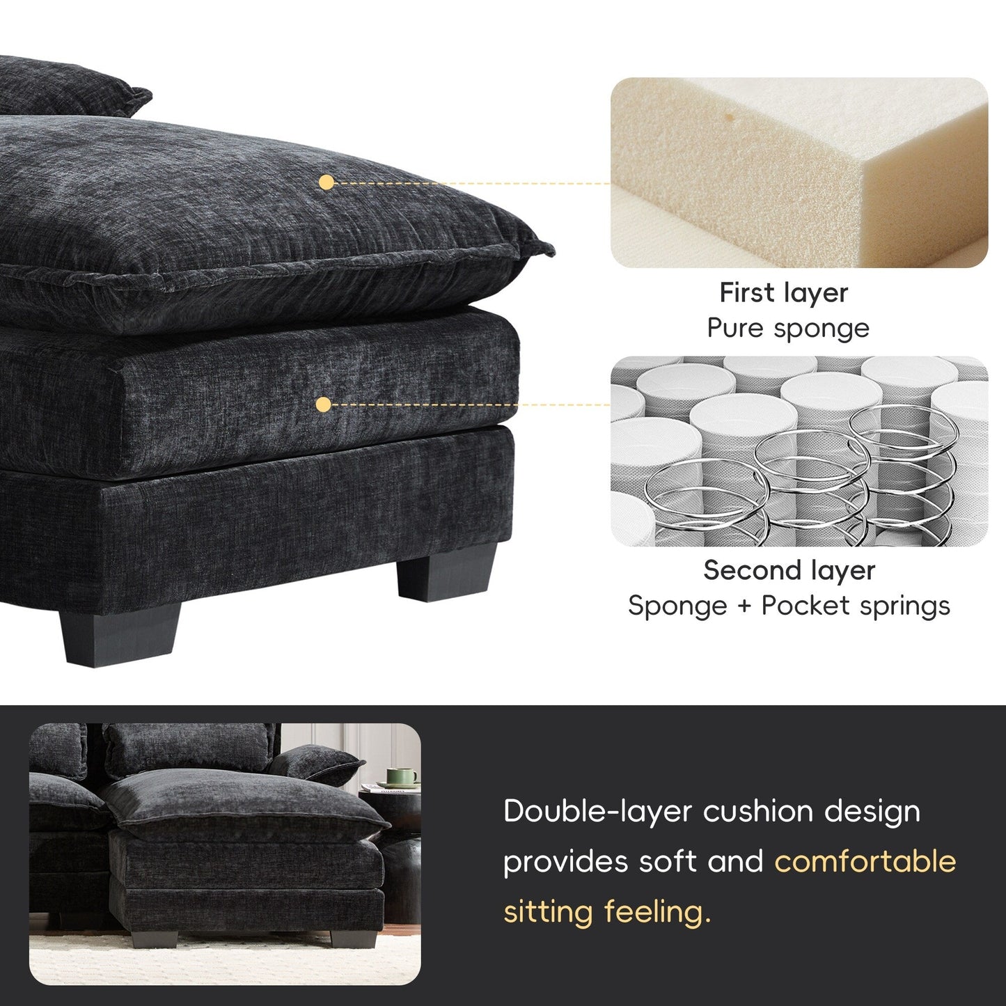 Canapé modulaire sectionnel en U avec coussins de taille, 6 places symétriques rembourrées, ensemble de canapés en chenille Cloud avec méridienne