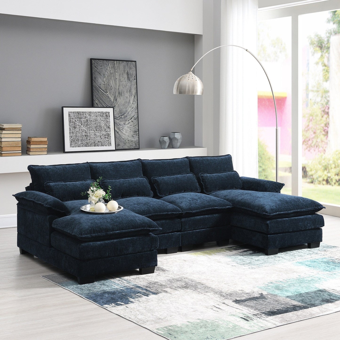 Canapé modulaire sectionnel en U avec coussins de taille, 6 places symétriques rembourrées, ensemble de canapés en chenille Cloud avec méridienne