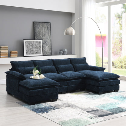 Canapé modulaire sectionnel en U avec coussins de taille, 6 places symétriques rembourrées, ensemble de canapés en chenille Cloud avec méridienne