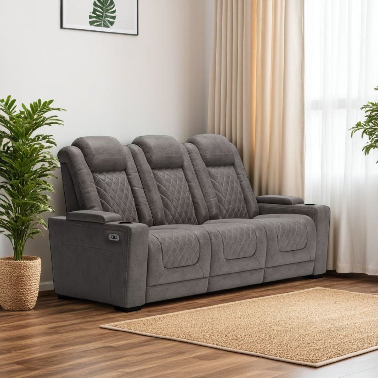 Canapé inclinable électrique Montt, port USB, similicuir gris mat, 82 pouces