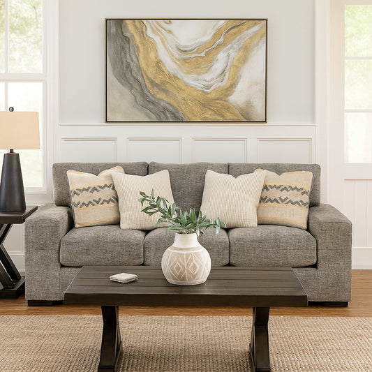 Canapé Mord, 96 pouces, polyester gris clair doux, 4 coussins décoratifs