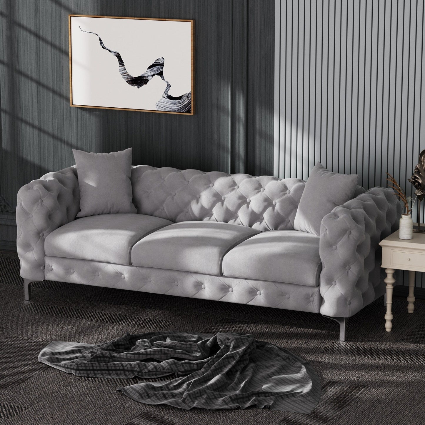 Canapé moderne en velours Morden Fort avec capitonnage à boutons, cadre en bois massif et pieds en fer