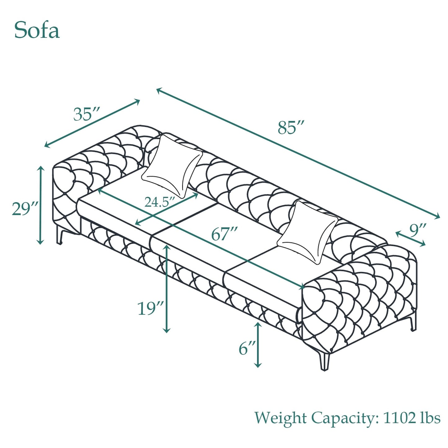 Canapé moderne en velours Morden Fort avec capitonnage à boutons, cadre en bois massif et pieds en fer