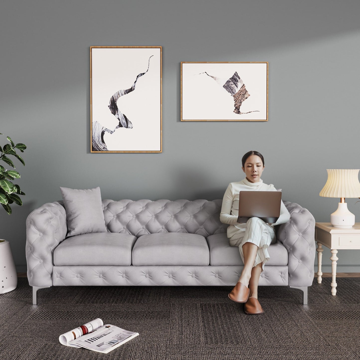 Canapé moderne en velours Morden Fort avec capitonnage à boutons, cadre en bois massif et pieds en fer