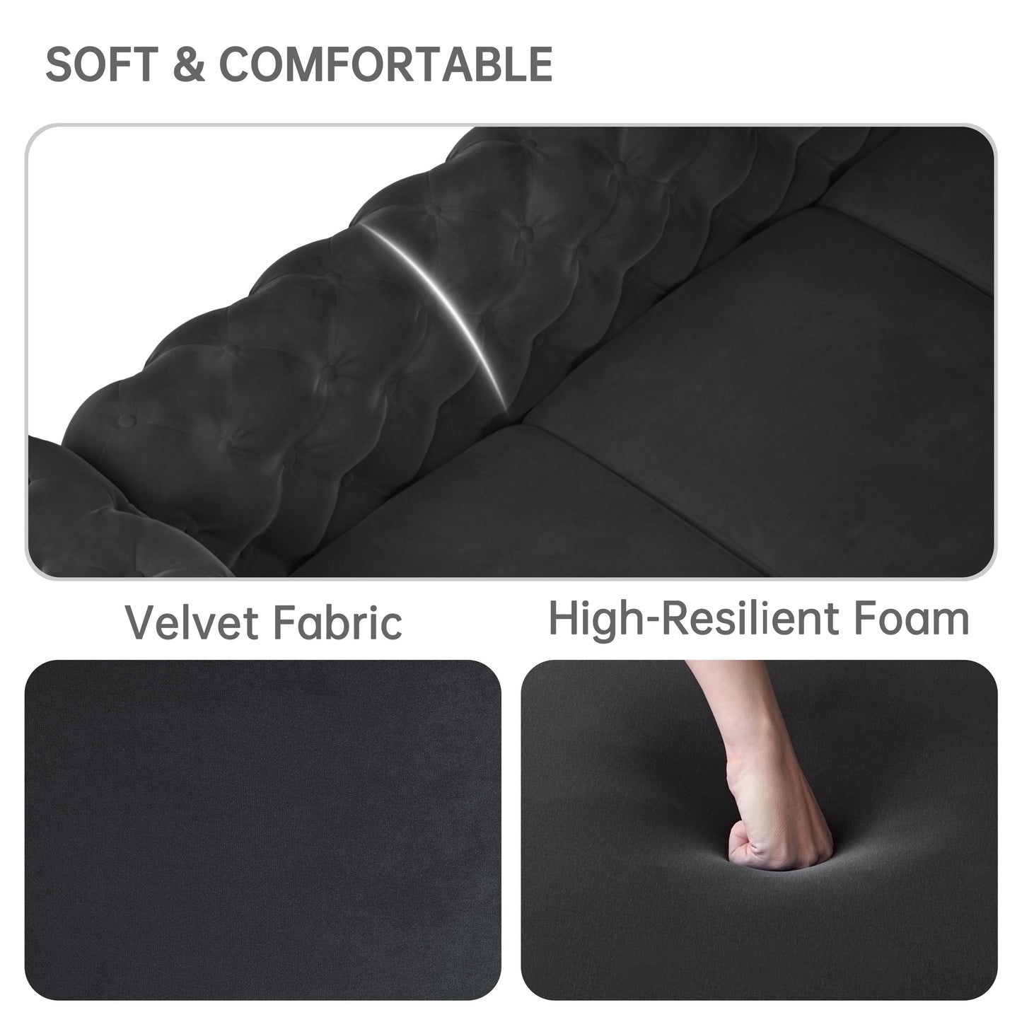 Canapé moderne en velours Morden Fort avec capitonnage à boutons, cadre en bois massif et pieds en fer