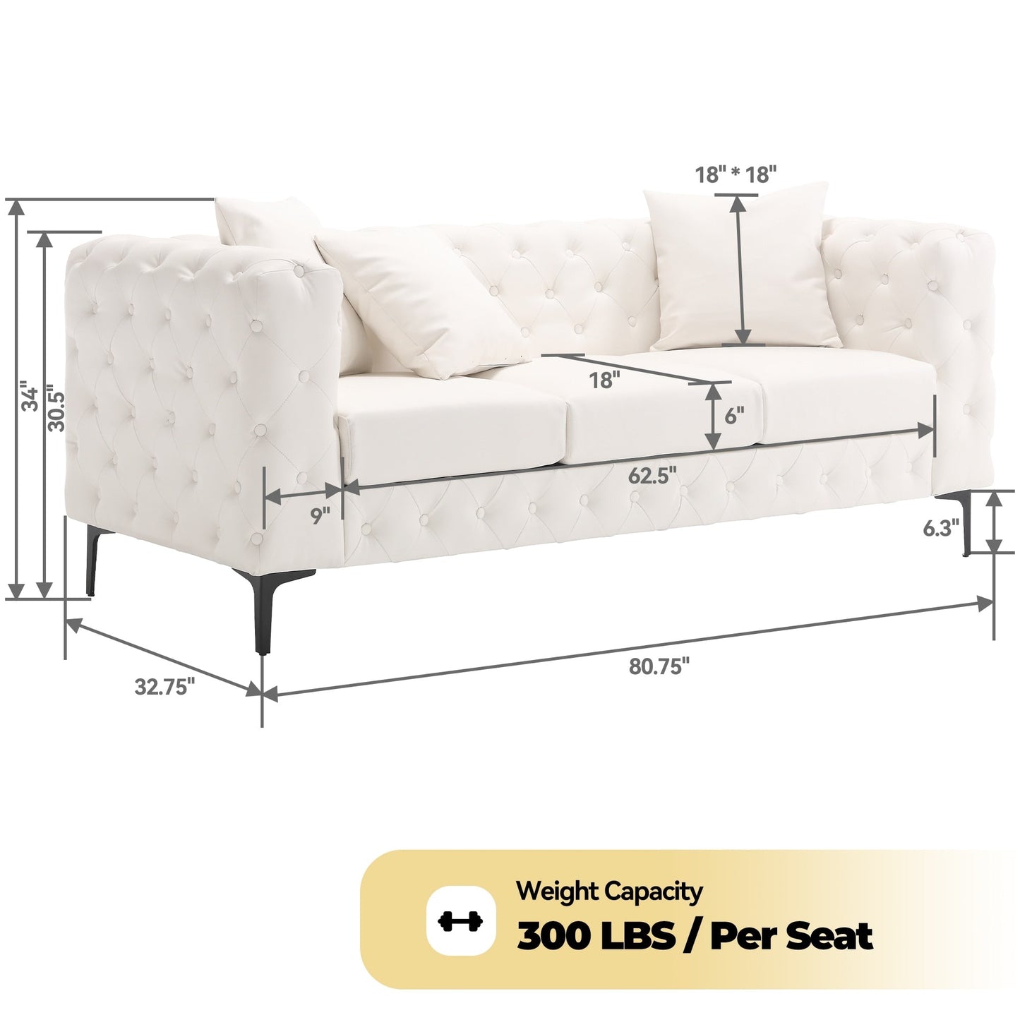 Canapé moderne en velours Morden Fort avec capitonnage à boutons, cadre en bois massif et pieds en fer