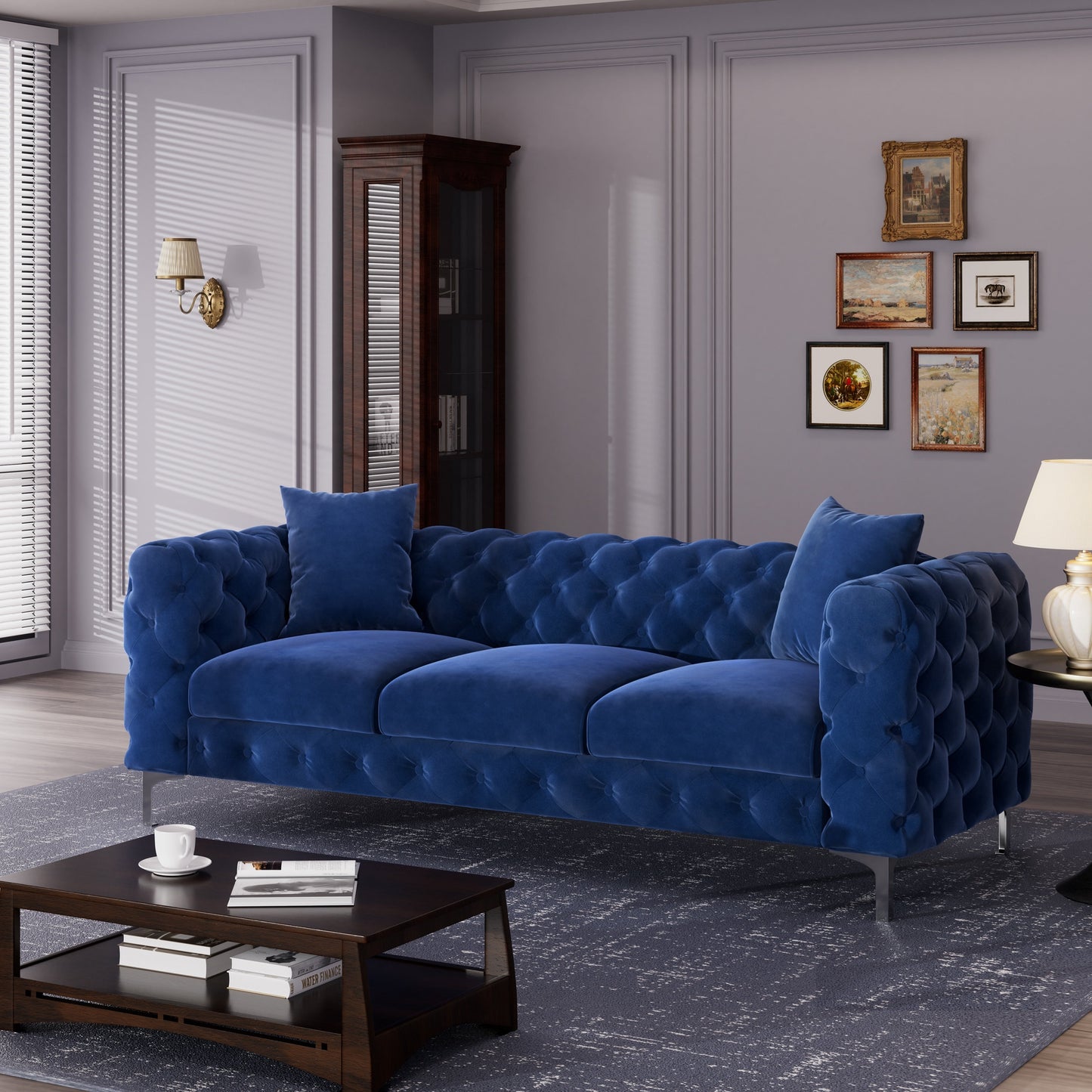 Canapé moderne en velours Morden Fort avec capitonnage à boutons, cadre en bois massif et pieds en fer