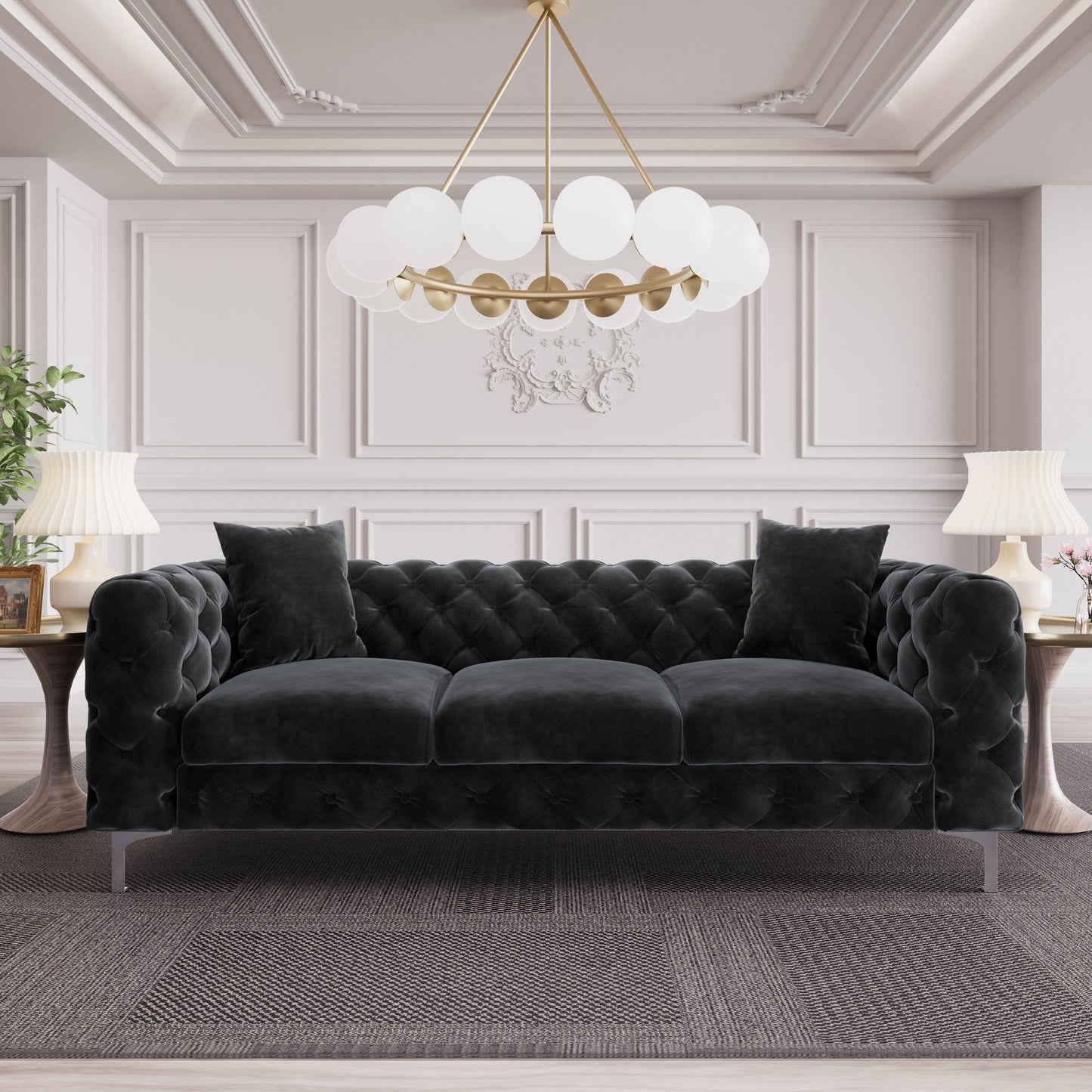 Canapé moderne en velours Morden Fort avec capitonnage à boutons, cadre en bois massif et pieds en fer