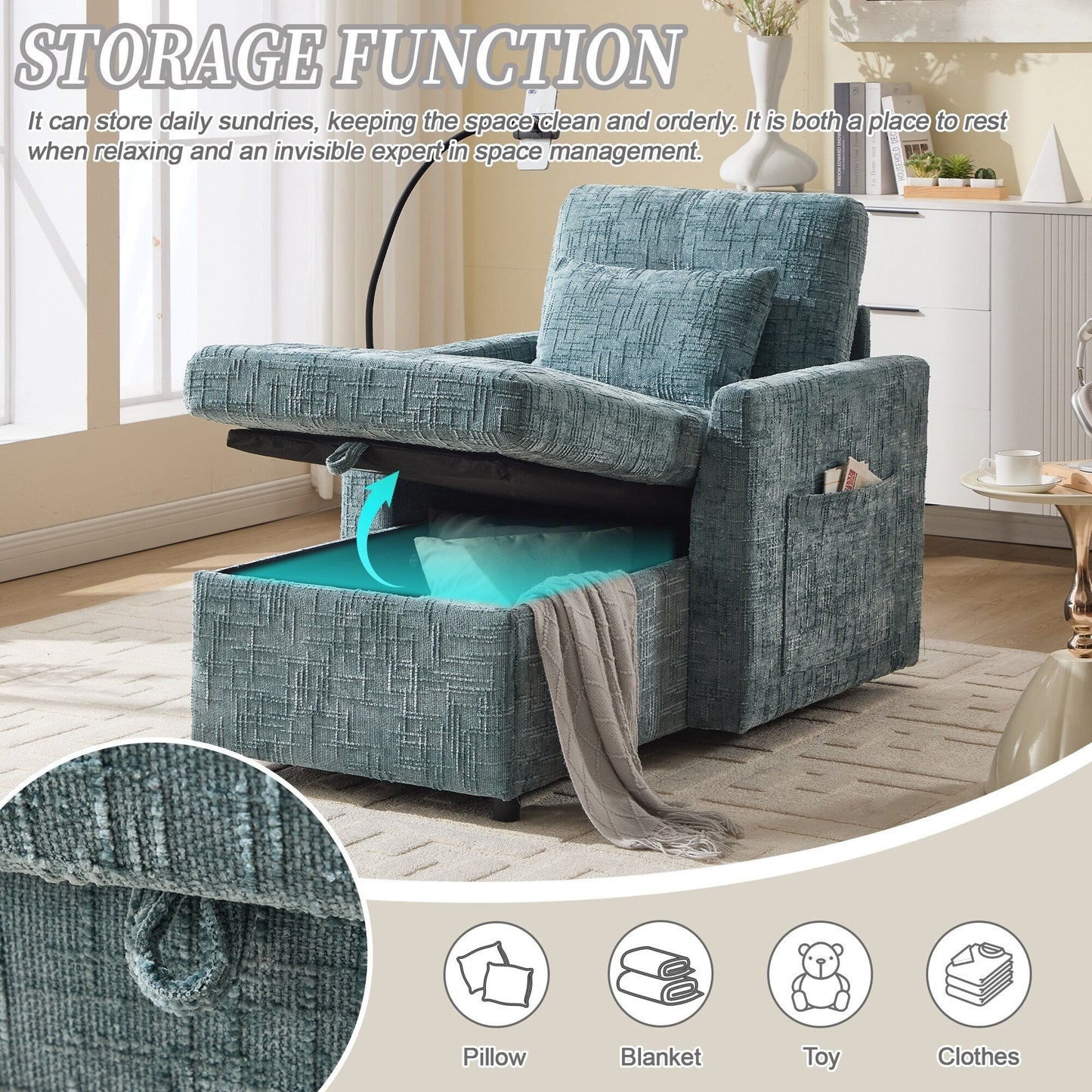 Canapé inclinable multifonction pour personne paresseuse, dossier de rangement avec support pour téléphone portable, fauteuil de loisirs simple en chenille