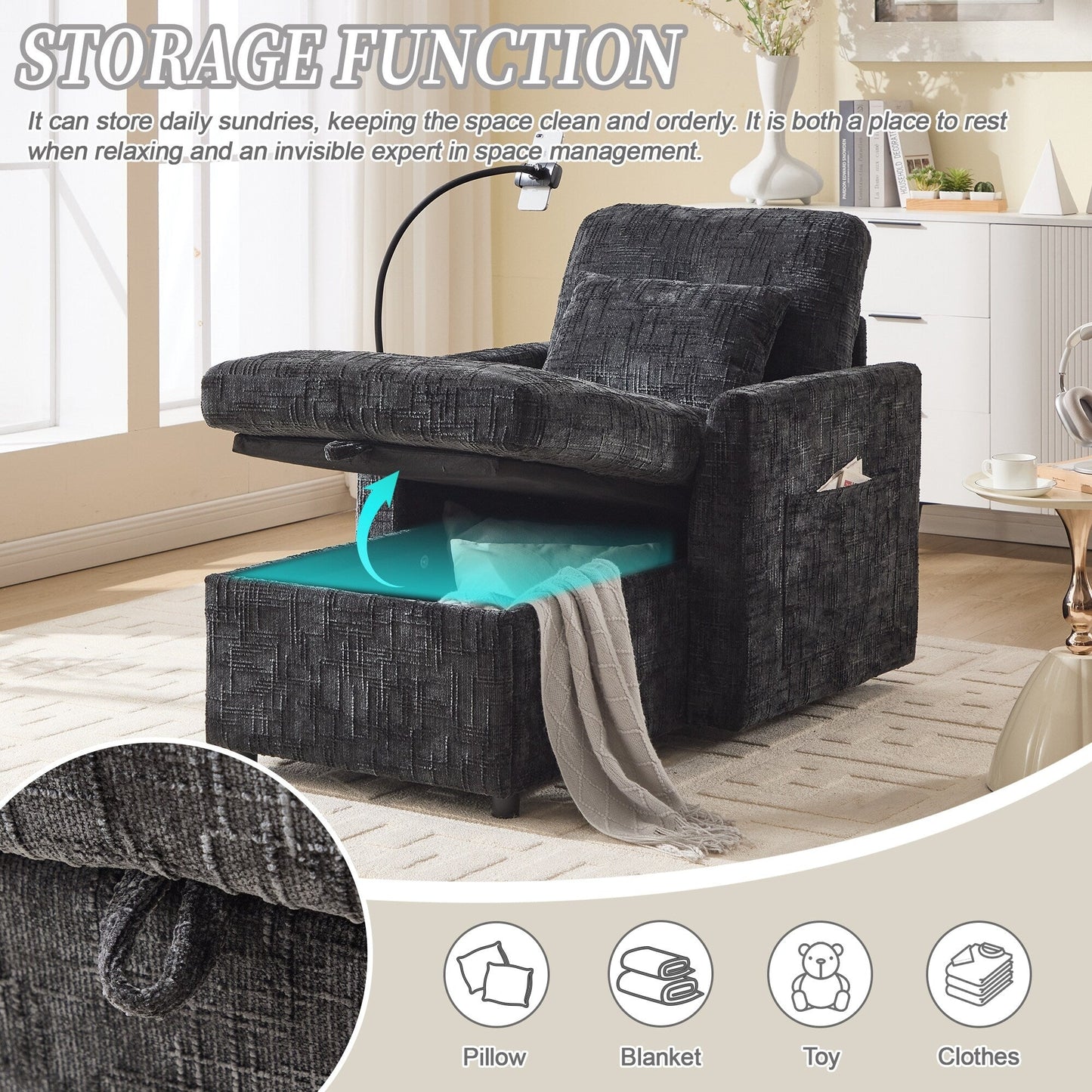Canapé inclinable multifonction pour personne paresseuse, dossier de rangement avec support pour téléphone portable, fauteuil de loisirs simple en chenille