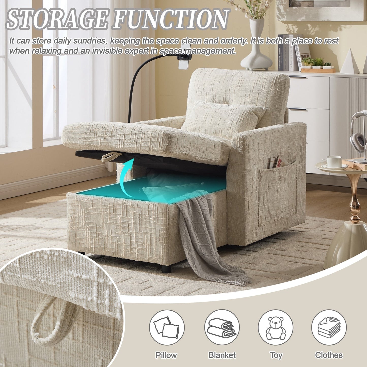 Canapé inclinable multifonction pour personne paresseuse, dossier de rangement avec support pour téléphone portable, fauteuil de loisirs simple en chenille