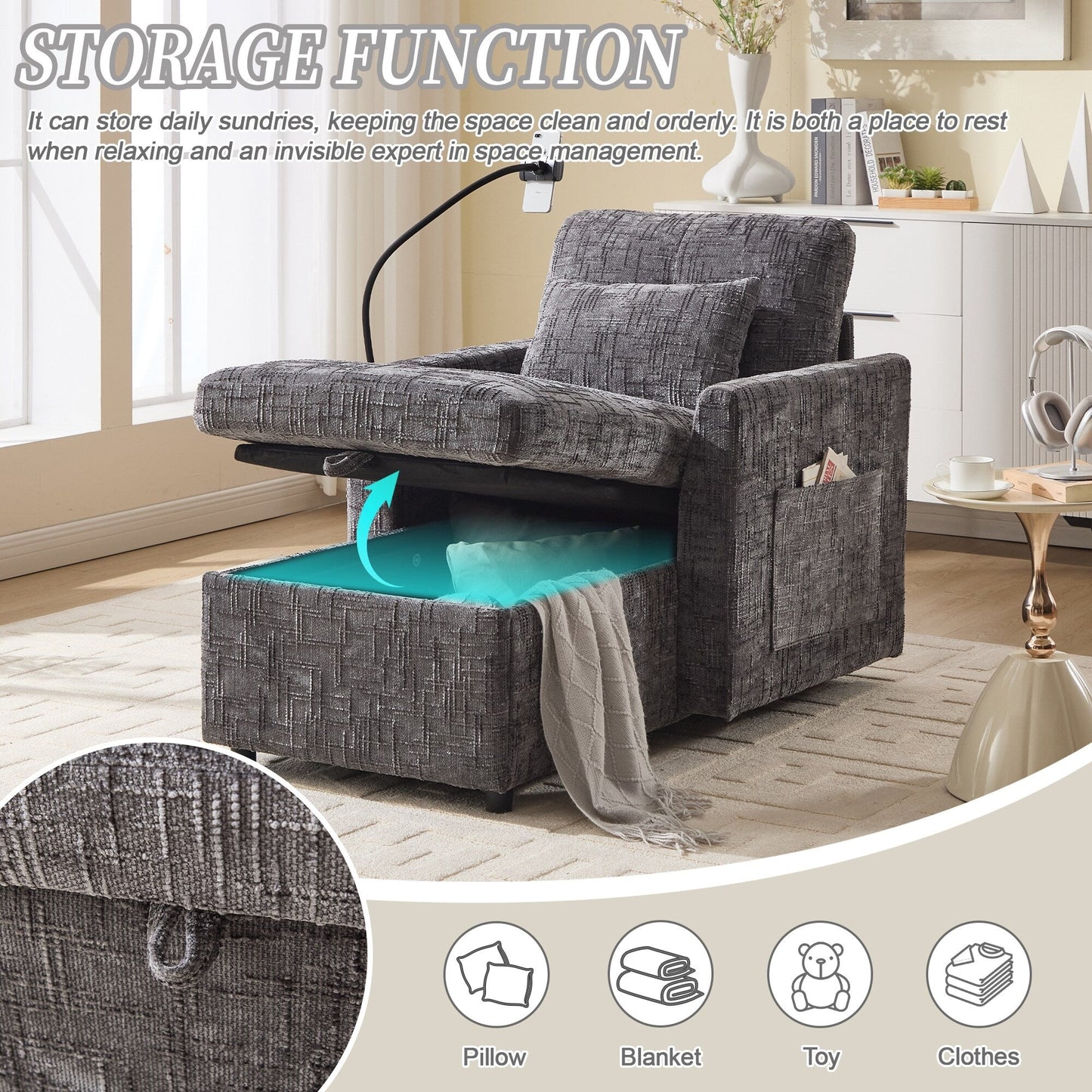 Canapé inclinable multifonction pour personne paresseuse, dossier de rangement avec support pour téléphone portable, fauteuil de loisirs simple en chenille
