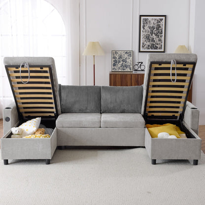 Canapé-lit sectionnel multifonctionnel avec canapé-lit gigogne, deux méridiennes de rangement, ports USB et porte-gobelets pour le salon
