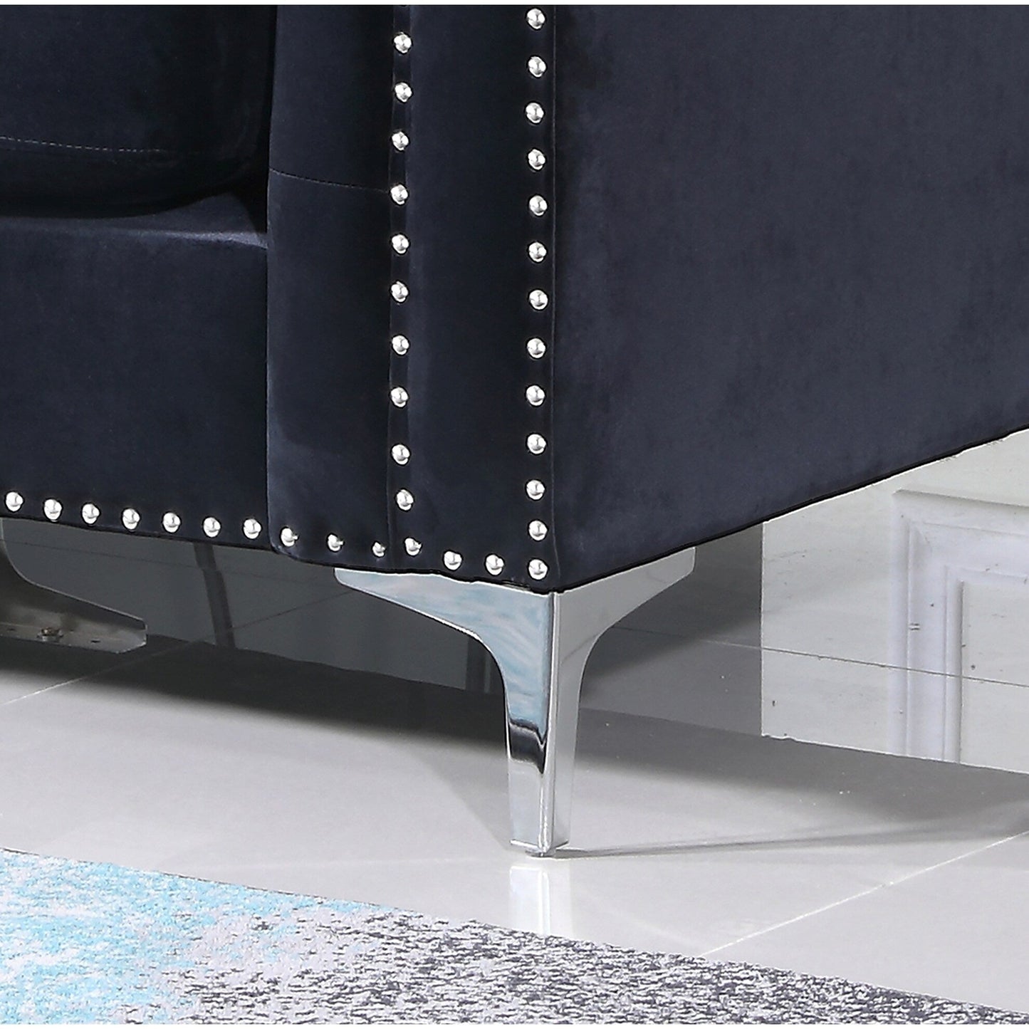 Canapé sectionnel capitonné en velours avec garniture cloutée et coussins décoratifs - 83 - Noir