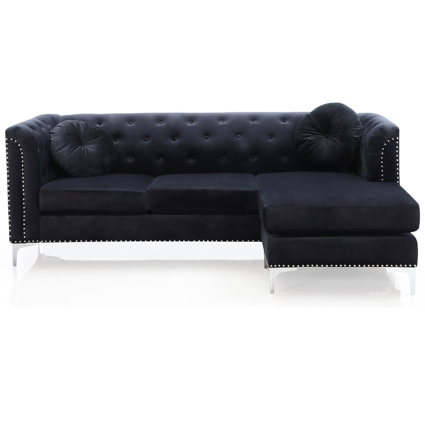 Canapé sectionnel capitonné en velours avec garniture cloutée et coussins décoratifs - 83 - Noir