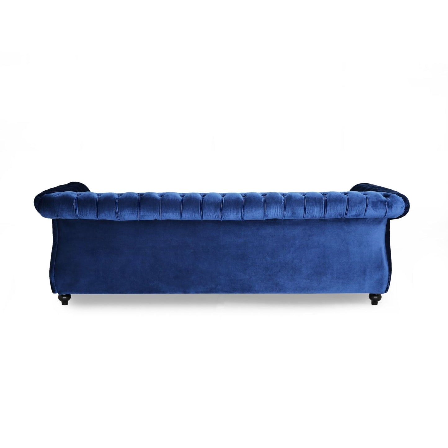 Canapé Chesterfield bleu marine 3 places capitonné avec boutons 84,75, clous et pieds en bois pour le salon