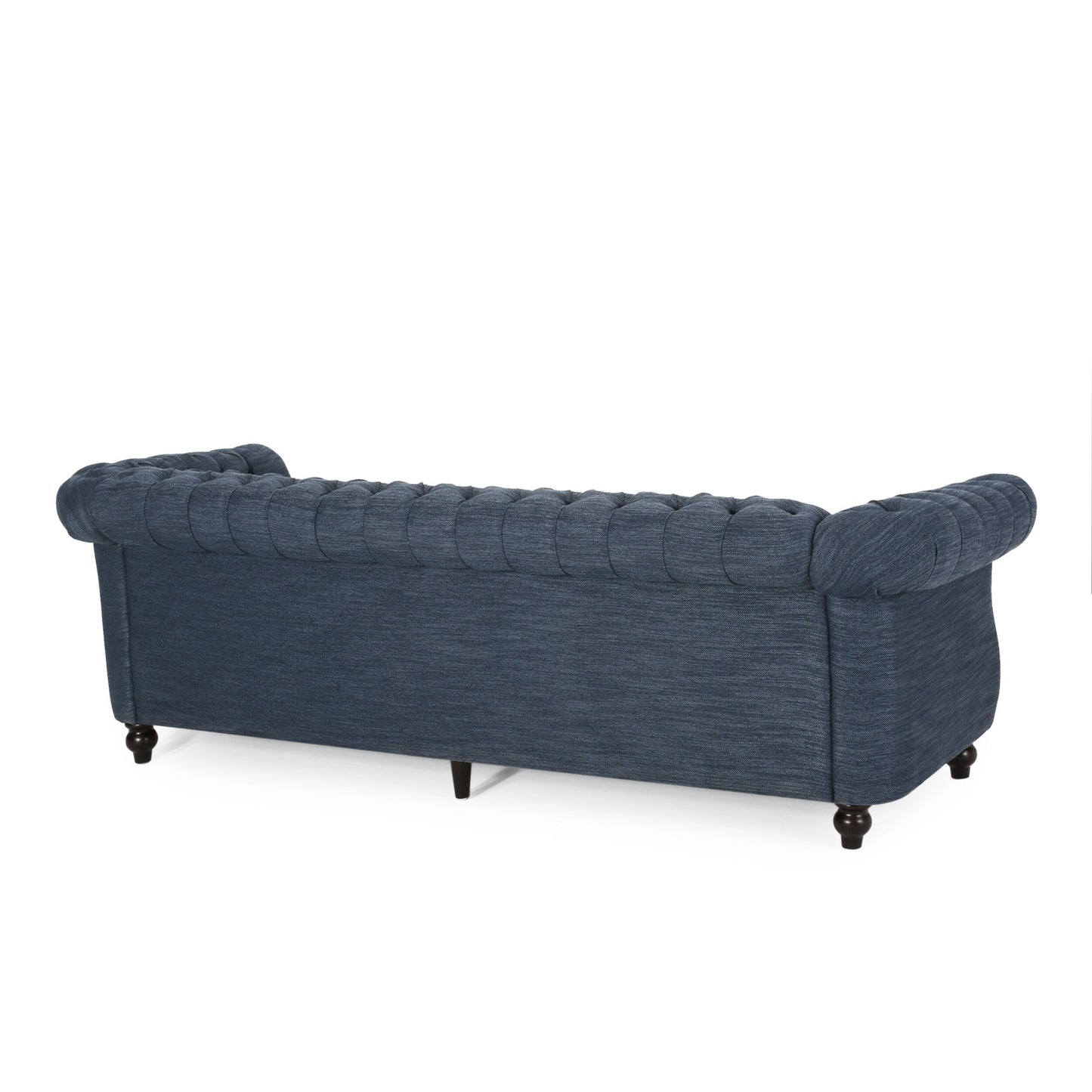Canapé 3 places Chesterfield bleu marine 84,75, capitonné, avec clous et pieds en bois