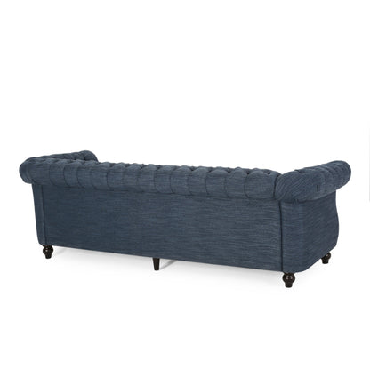 Canapé 3 places Chesterfield bleu marine 84,75, capitonné, avec clous et pieds en bois