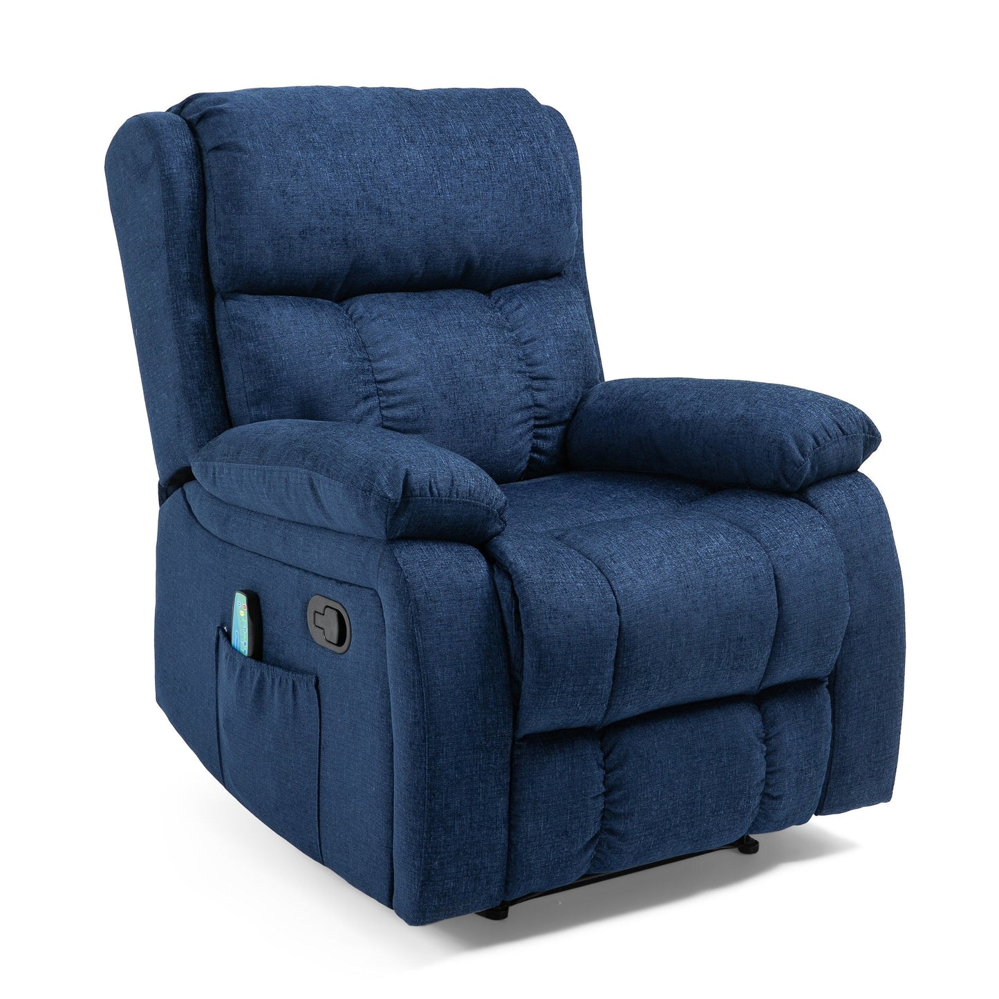 Fauteuil inclinable manuel en tissu bleu marine avec massage, chauffage lombaire et poches latérales