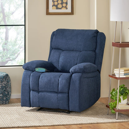 Fauteuil inclinable manuel en tissu bleu marine avec massage, chauffage lombaire et poches latérales