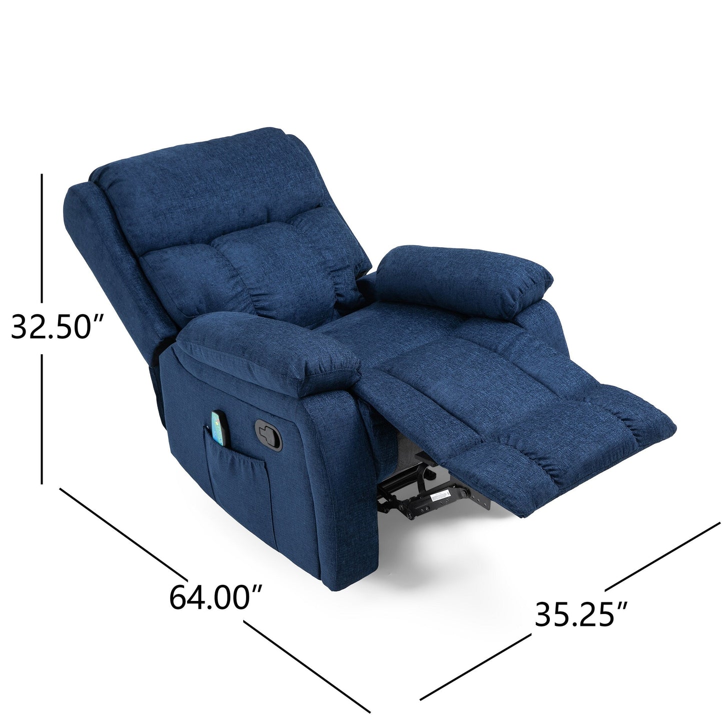 Fauteuil inclinable manuel en tissu bleu marine avec massage, chauffage lombaire et poches latérales