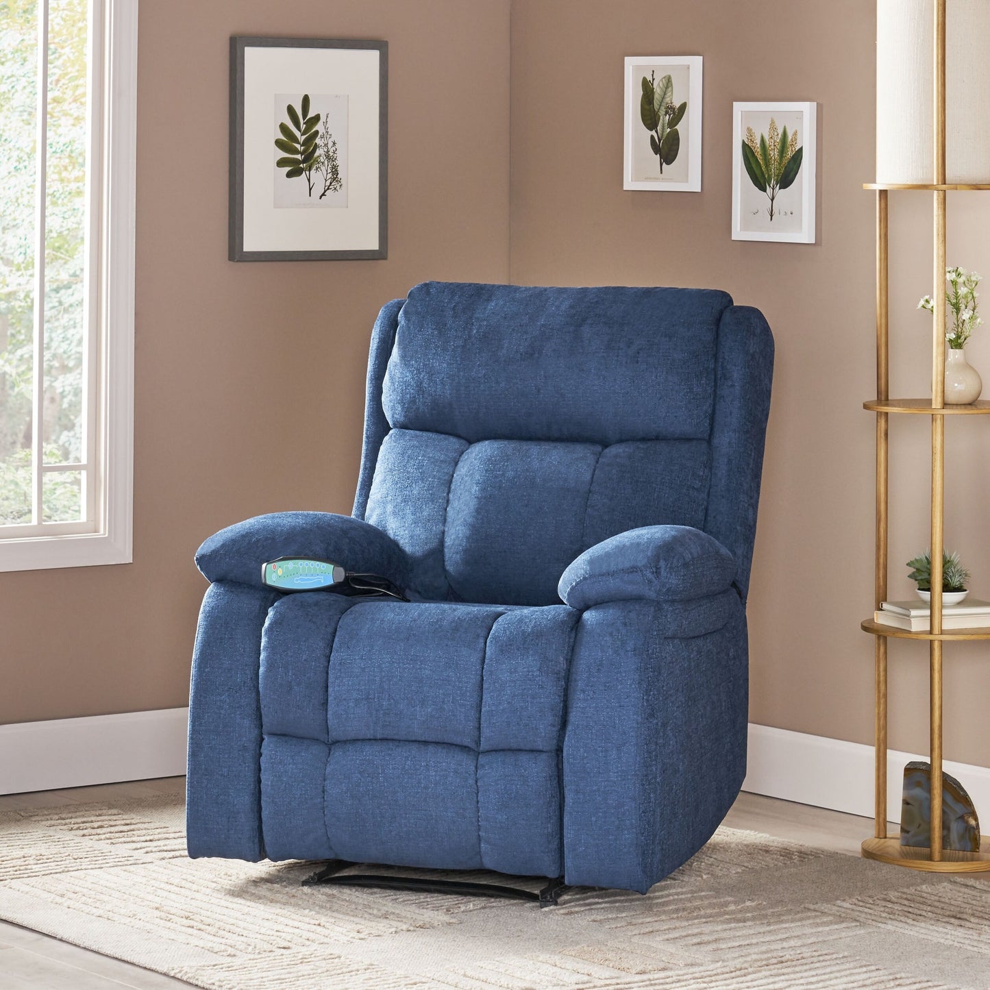 Fauteuil inclinable manuel de massage en tissu bleu marine avec massage, chauffage lombaire et poches latérales